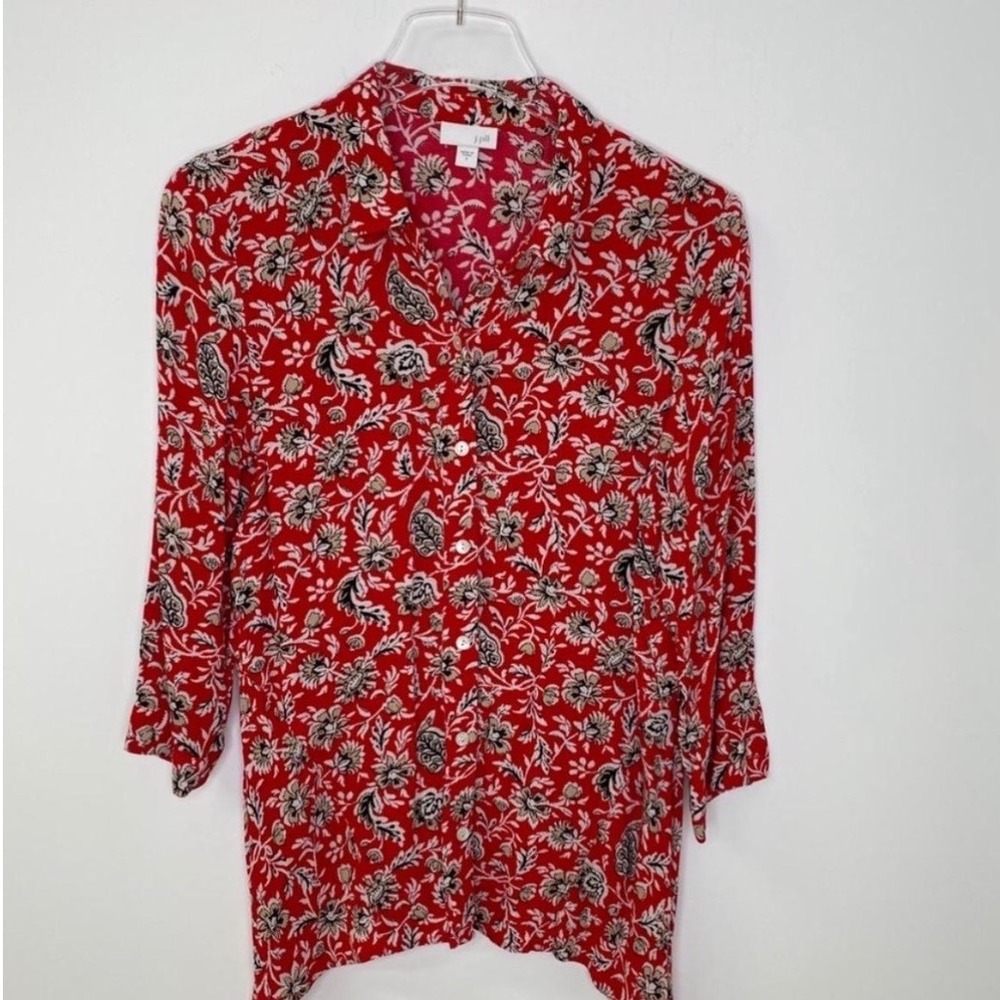 J. Jill Red Floral Paisley Button Down 3/4 Sleeve Blouse Womens Small